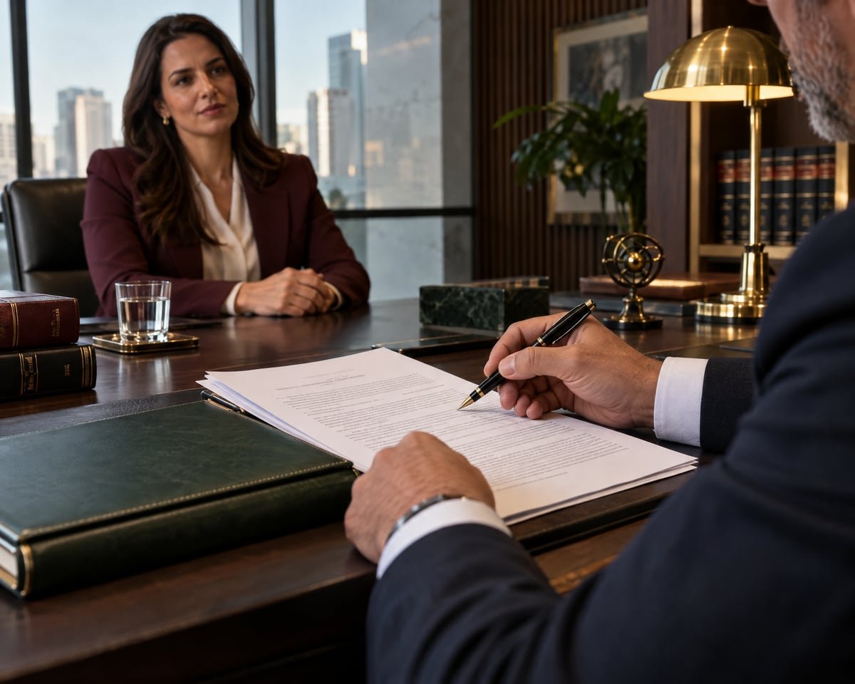 Mão revisando um documento com caneta, diante de uma mulher sentada à mesa